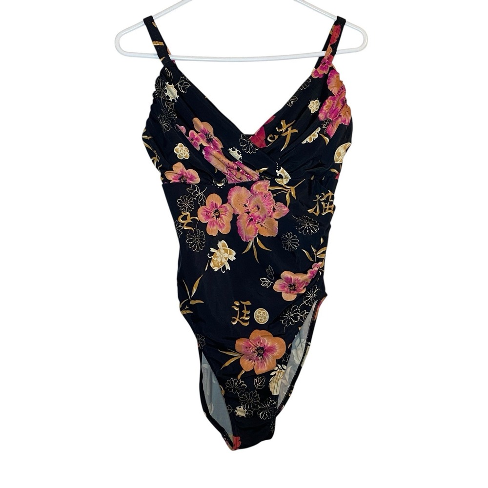Vintage SUN STREAK Newport News Swimsuit Size 16W One Piece Black‎ Floral Beachy